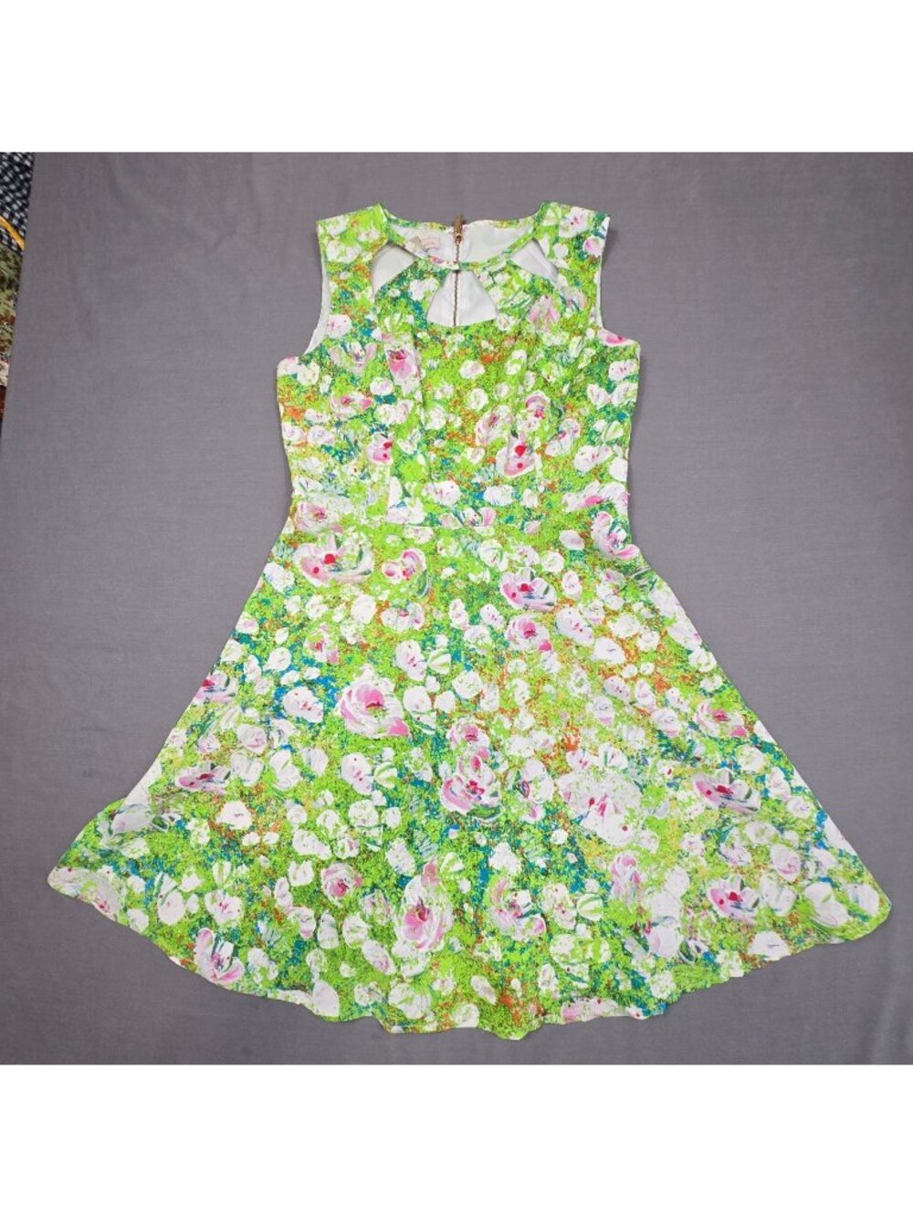 Floral Fit & Flare Size 8 Sleeveless Dress Keyhole Back Green & Pink